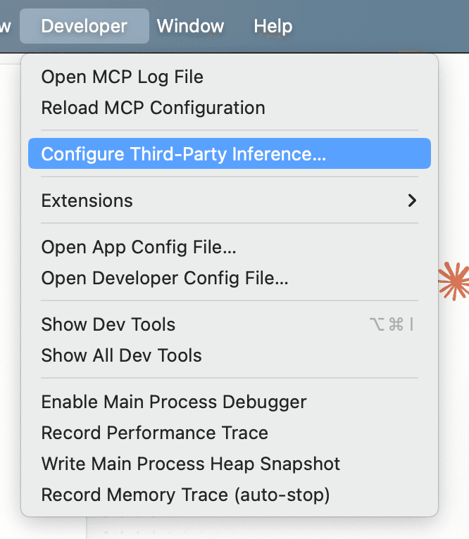 【截图占位:Developer → Configure third-party inference 菜单路径】