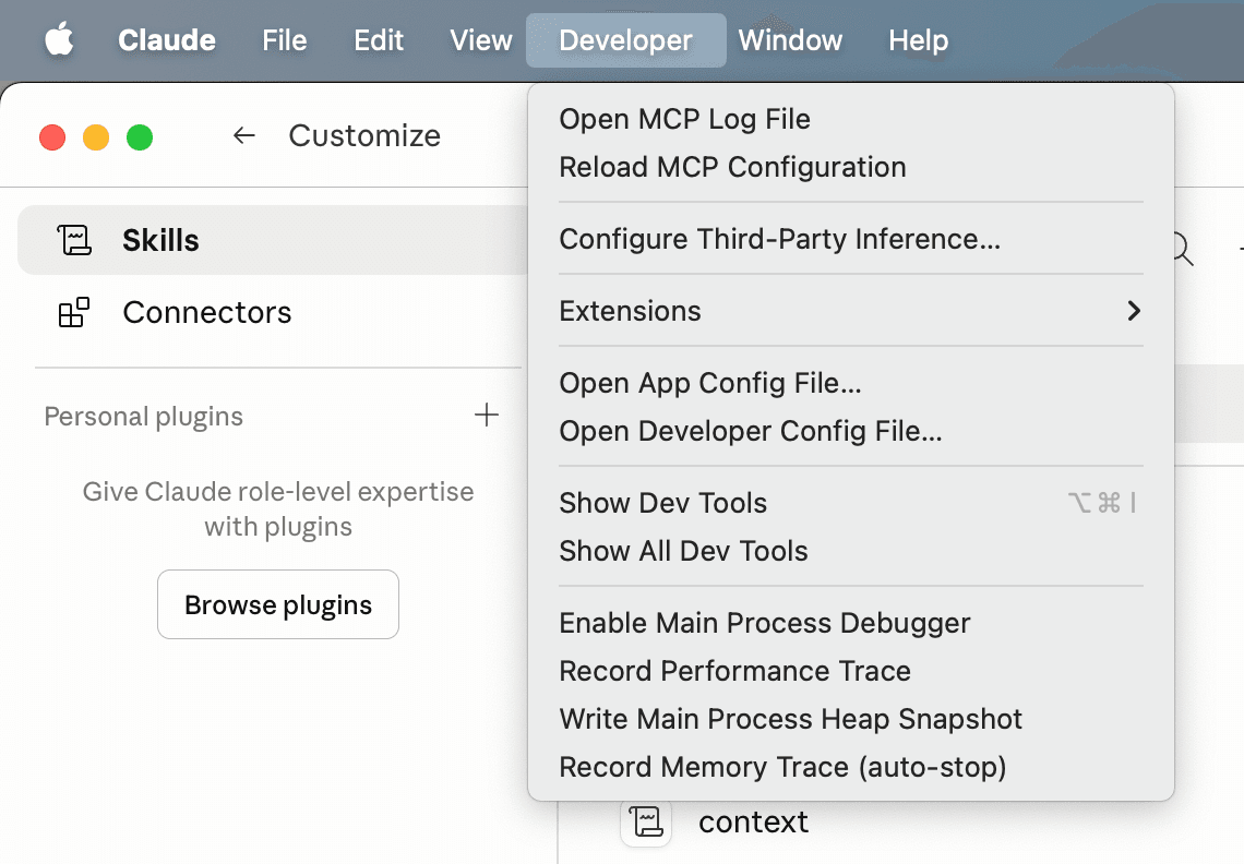 【截图占位:Claude Desktop 的 Developer 菜单里出现 Configure third-party inference】